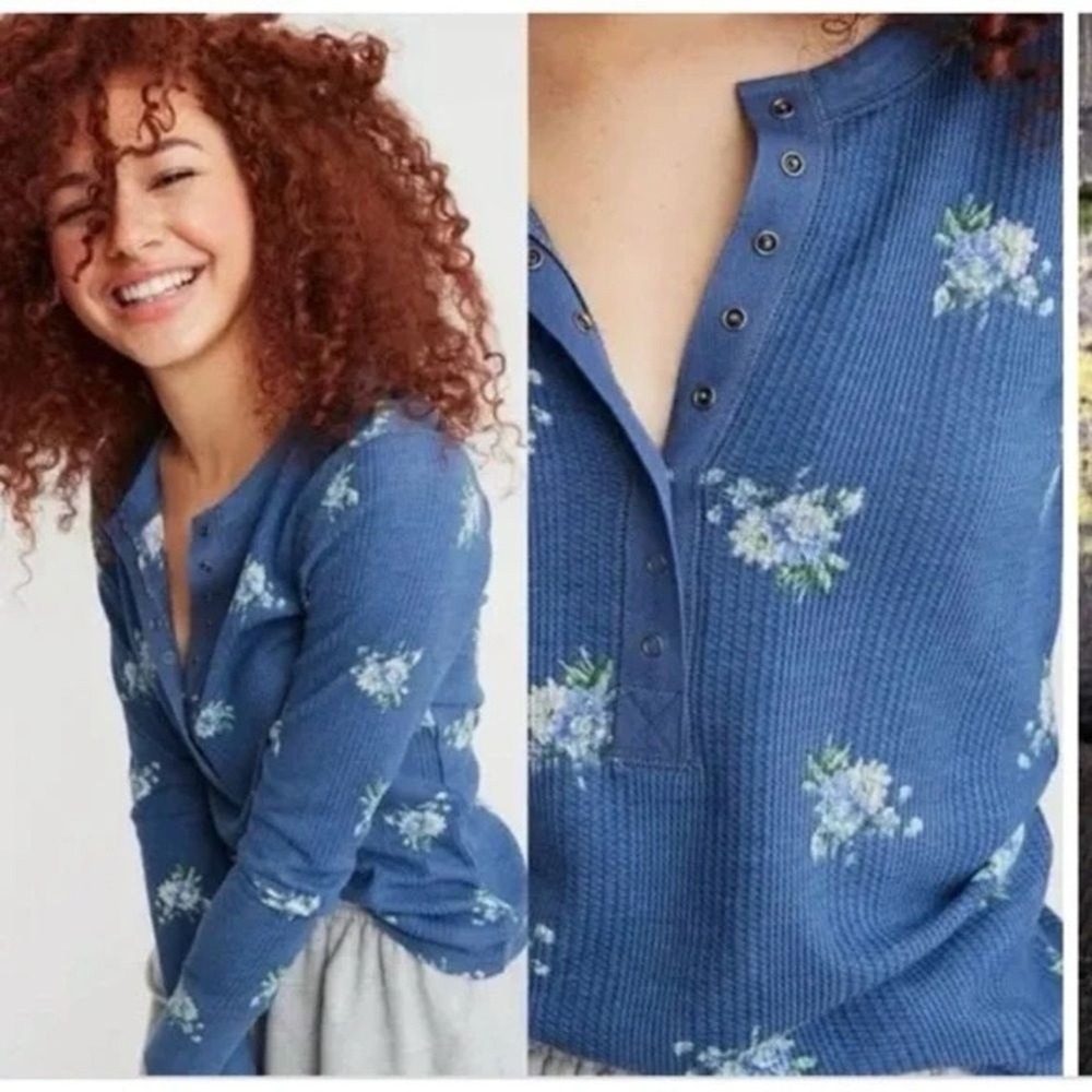 Aerie Womens Blue Floral Waffle Knit Henley Long Sleeve Top XS RN54485